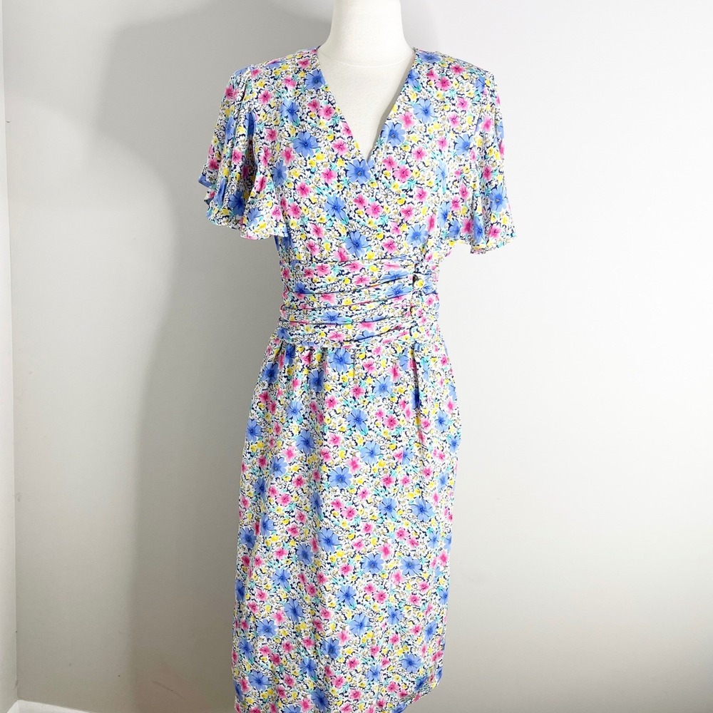 Vintage Floral V-Neck Ruched Waist Party Tea Dress Midi Flutter Sleeve‎ Small